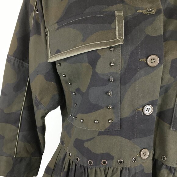 JOIE Green Mix Camo Print SAMIA Dolman Sleeve Studded Ruffle Peplum Hem Jacket - Picture 8 of 13